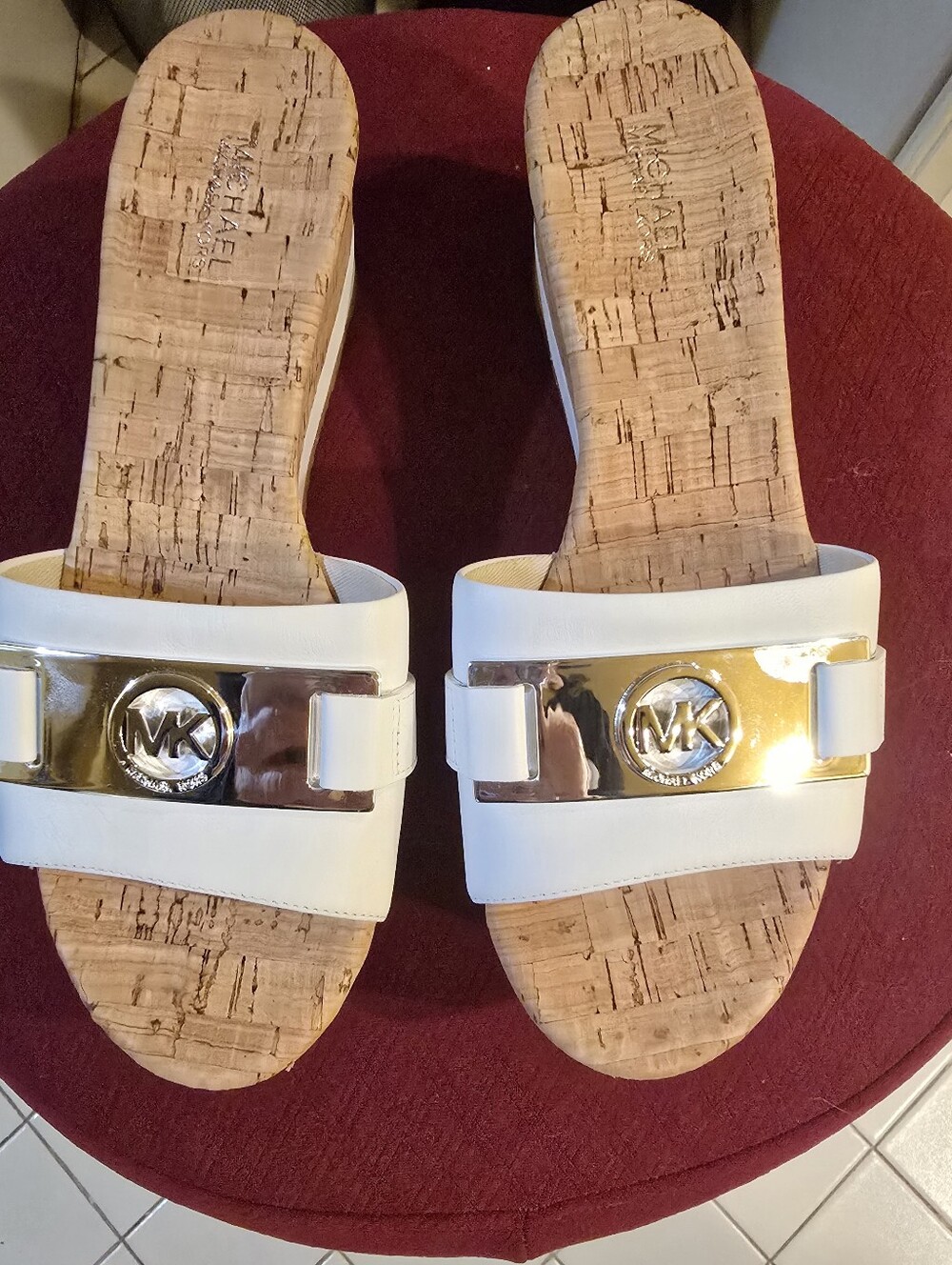 Michael Kors White and Gold Cork Slide Sandals